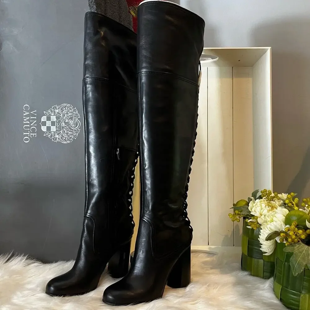 NEW Vince Camuto Corset Calf Leather Laced Tolla Over The Knee Boots Black Sz 6